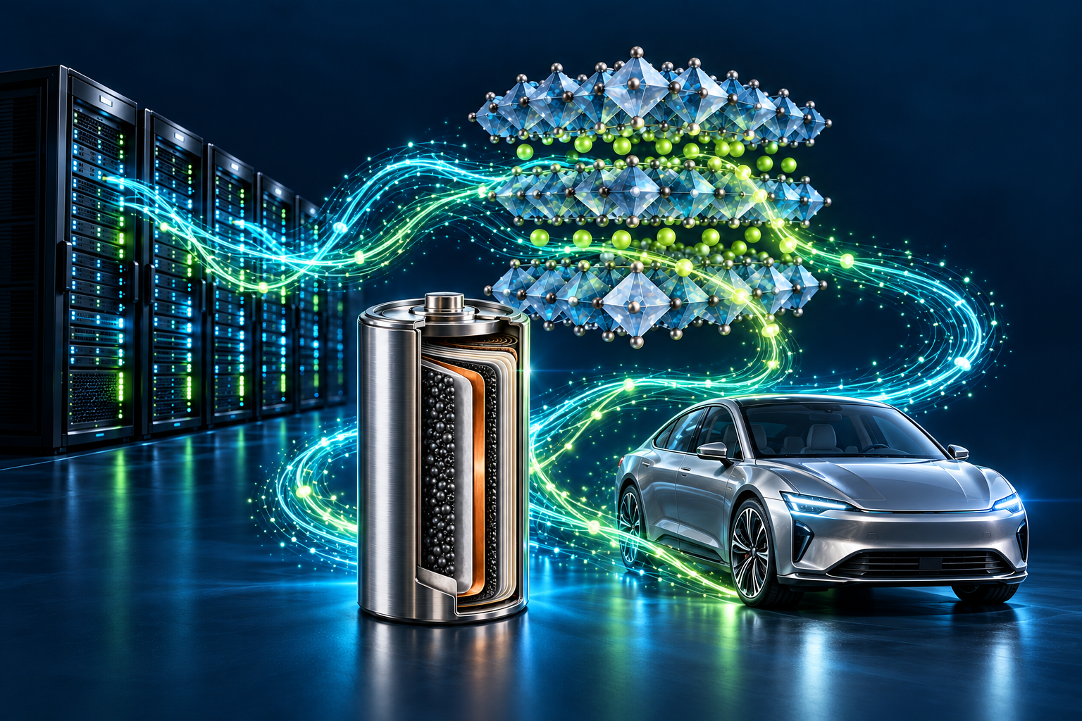 Conceptual illustration connecting AI servers, atomic battery materials, rechargeable cells and an electric vehicle