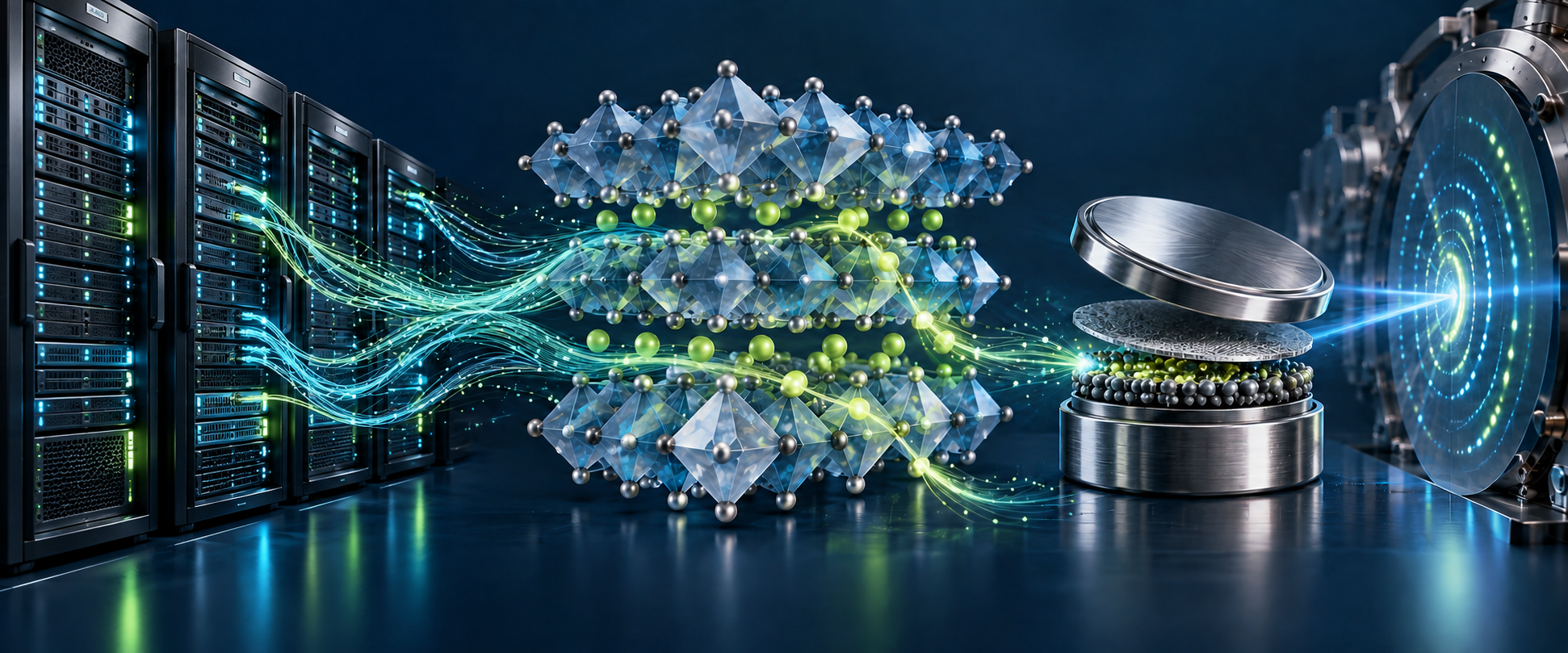 Conceptual illustration connecting AI computer servers and data networks with atomistic materials design and battery experiments